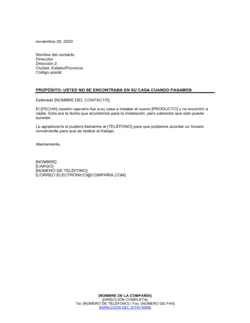 Carta a cliente que estuvo fuera de su casa después de haber solicitado una visita de nuestro servicio