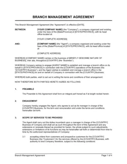 Branch Management Agreement (to Establish & Manage)