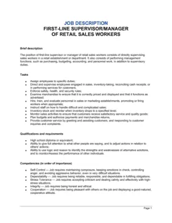 First-Line Supervisor or Manager of Retail Sales Workers Job Description