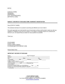 Record of Purchase Form, Warranty Registration