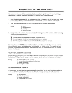 Worksheet Business Selection