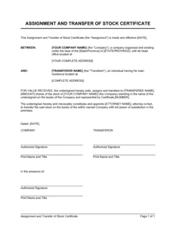 Assignment and Transfer of Stock Certificate