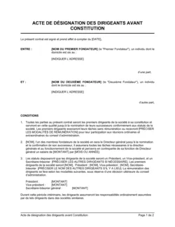 Acte de désignation des dirigeants avant constitution