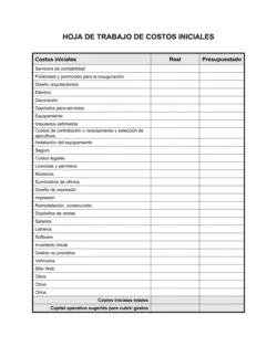 Planilla de costes iniciales