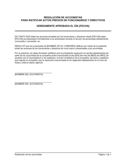 Resolución de los accionistas para ratificar actos previos de funcionarios y directivos