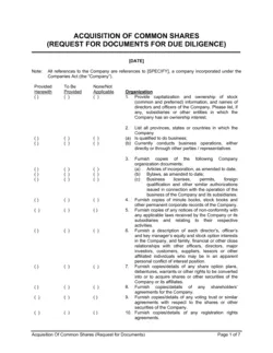 Acquisition of Common Shares Documents Request for Due Diligence