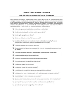 Lista de ítems a tener en cuenta evaluación del representante de ventas