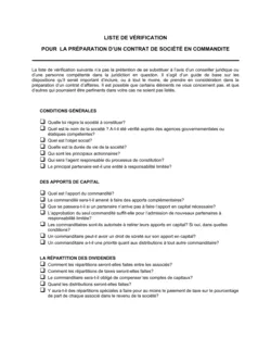 Liste de vérification pour la préparation d'un contrat de société en commandite