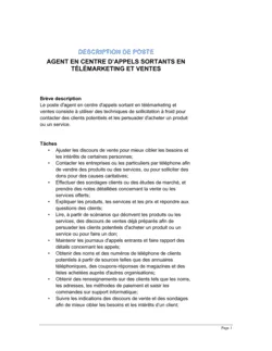 Agent en centre d'appels sortants (télémarketing et ventes) Description de poste