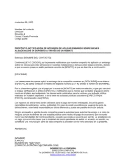 Notificación de intención de aplicar embargo sobre bienes almacenados en depósito a través de un remate