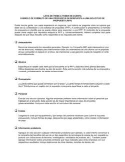 Lista de ítems a tener en cuenta formulario de muestra para responder a una RFP