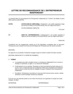 Lettre de reconnaissance de l'entrepreneur indépendant