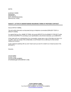 Letter of Understanding Regarding Terms of Proposed Contract